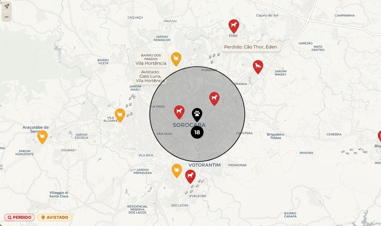 Mockup do mapa de Sorocaba com alertas de pets